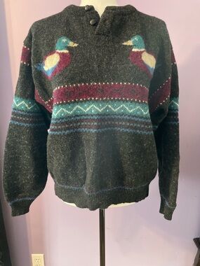 Wool Cozy Dark Charcoal Sweater with Duck Motif